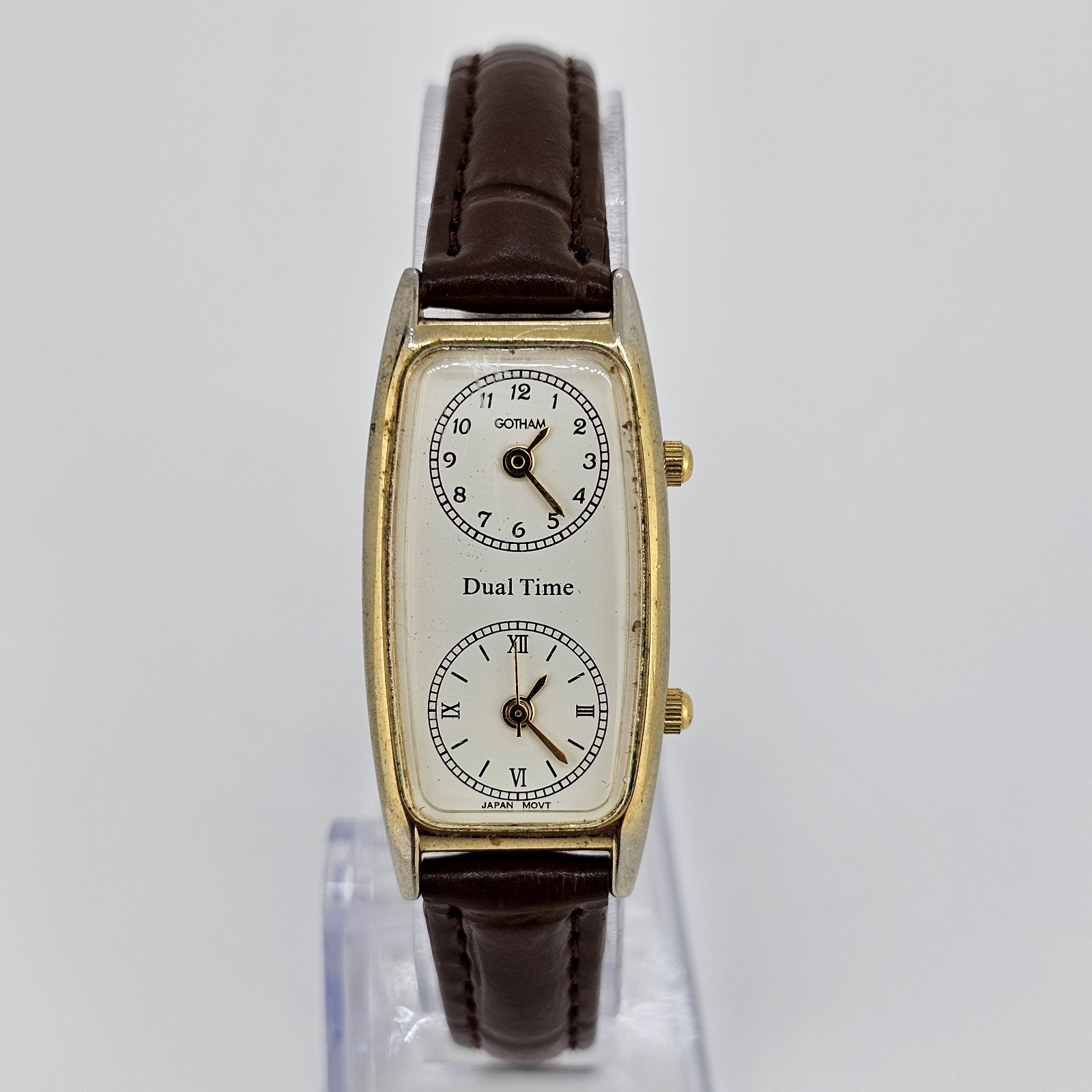 Gotham Dual Time Watch Women 20mm Cream Dial New Brown Leather Bands New Battery